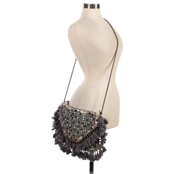 ibBan Anthropology Handmade Boho Beaded Fringe Crossbody Bag Gray - Picture 2 of 11